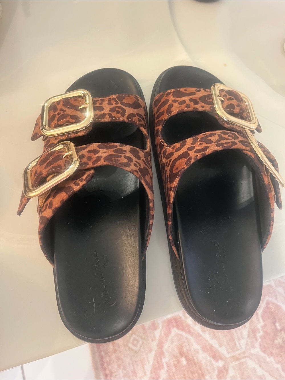 Universal Thread Leopard Print Double-Buckle Slide Sandals - Black Footbed